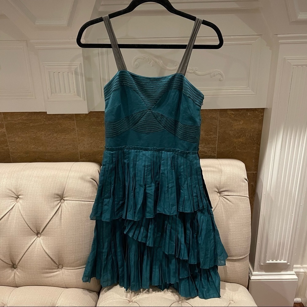 Lavender Label Vera Wang  Hunter Green Cotton/Silk Pleaded Ruffle Dress Sz 4/38